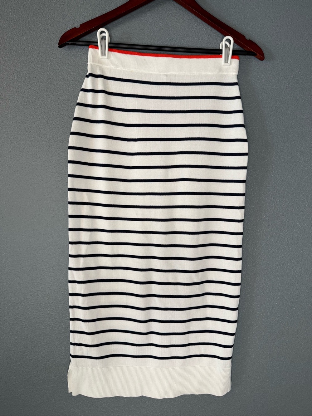 On 34th Striped Sweater Knit Pencil Midi Skirt XS Ivory Navy Side Slit
